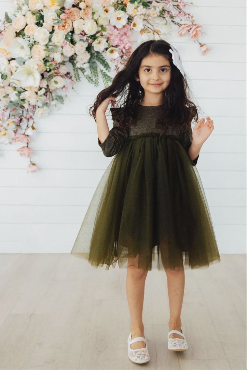 Mila and Rose Olive Shimmer 3/4 Sleeve Tutu Dress