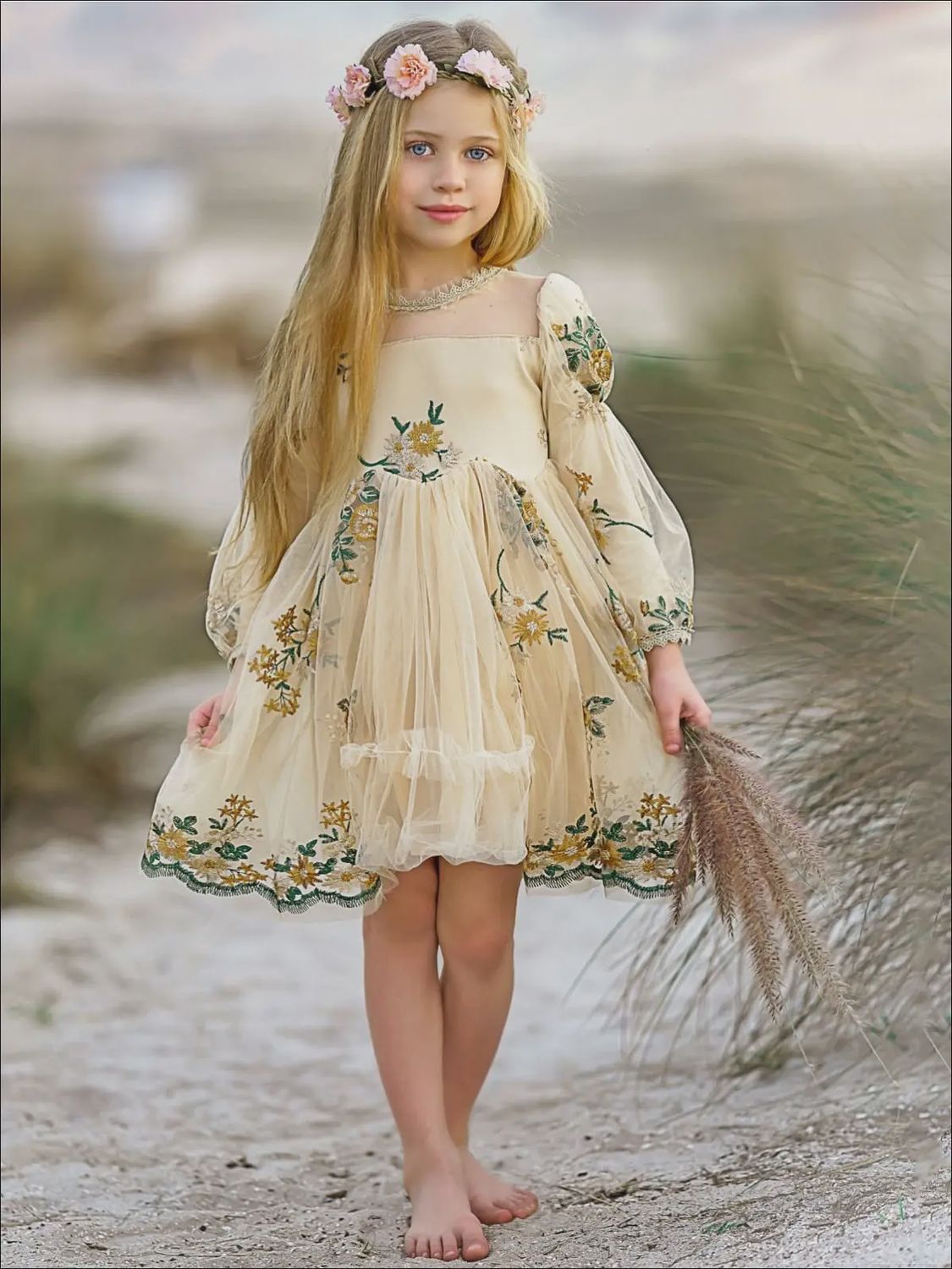 Mia Belle Girls Flower Embroidered Lace Dress- Yellow