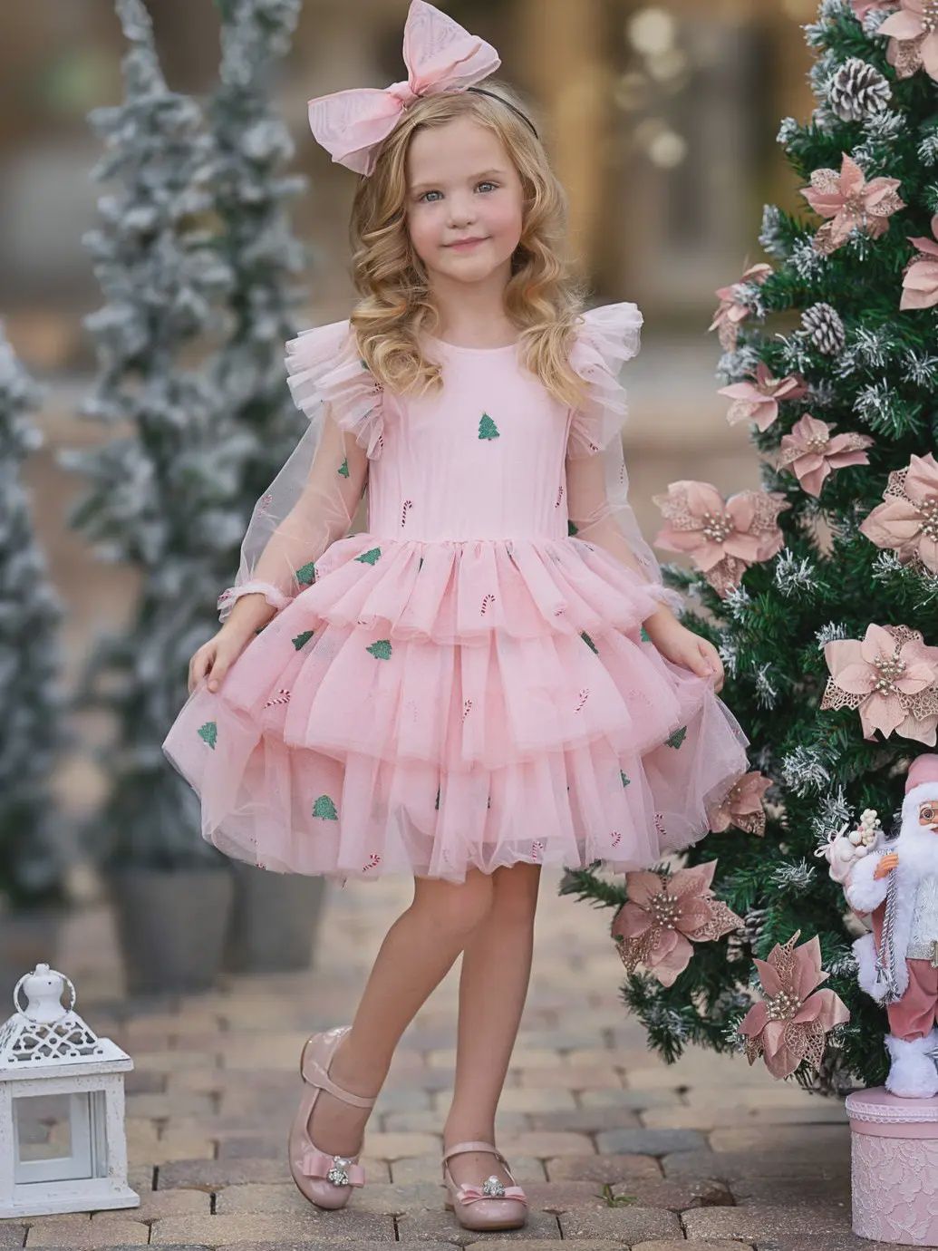 Mia Belle Girls Frosted Pink Candy Cane Christmas Ruffled Tutu Dress- Pink