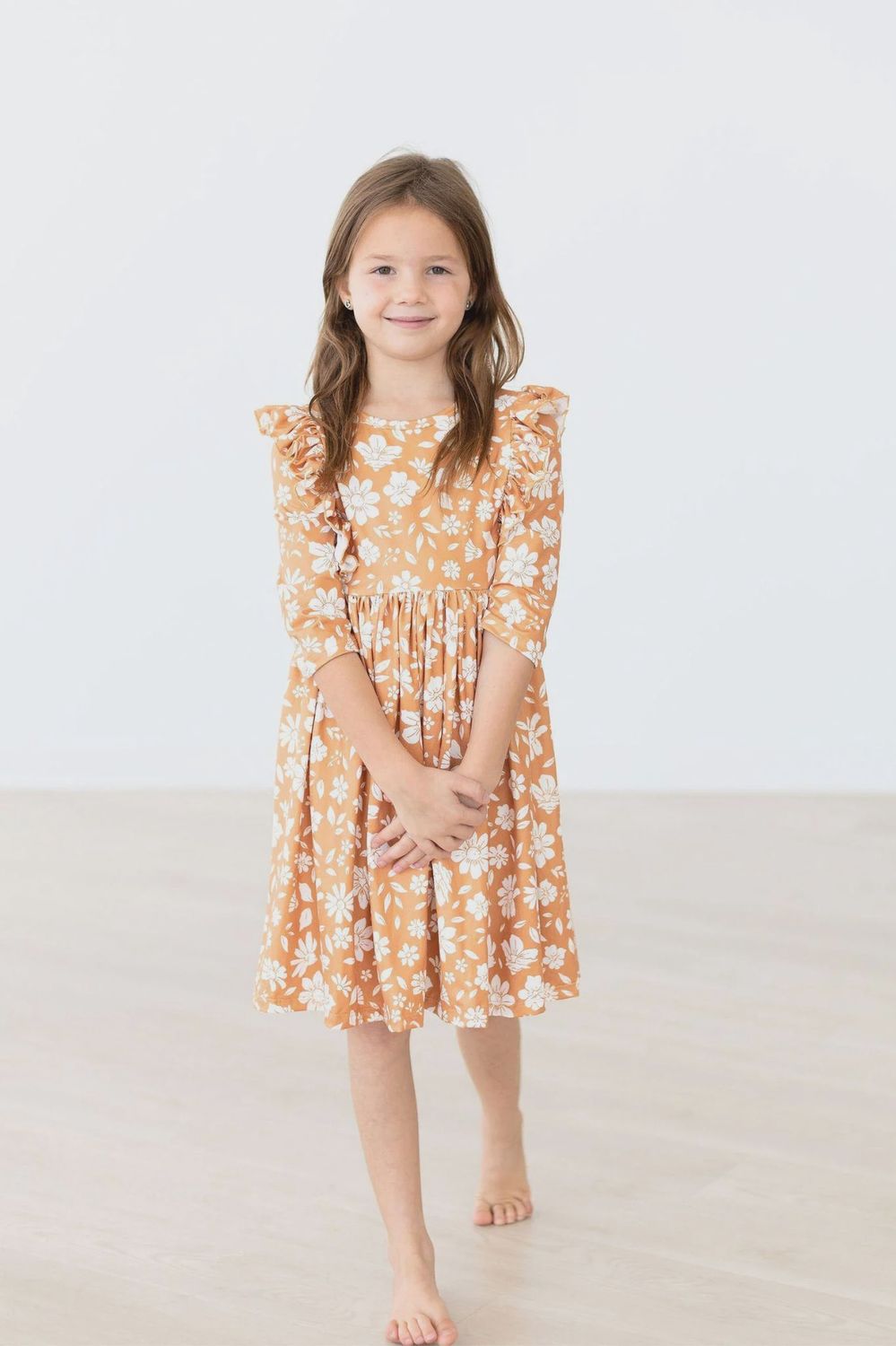 Mila and Rose Golden Blooms 3/4 Sleeve Ruffle Twirl Dress