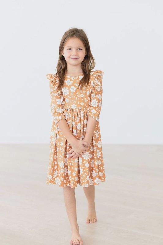 Mila and Rose Golden Blooms 3/4 Sleeve Ruffle Twirl Dress