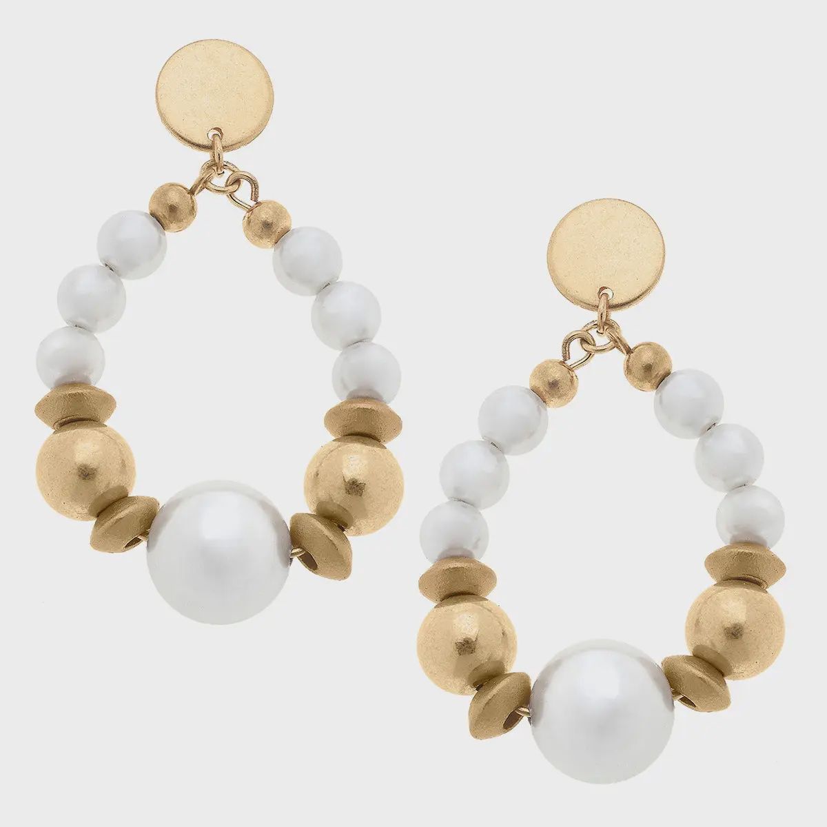Canvas Moira Pearl, Wood &amp; Gold Bead Teardrop Earrings in Ivory