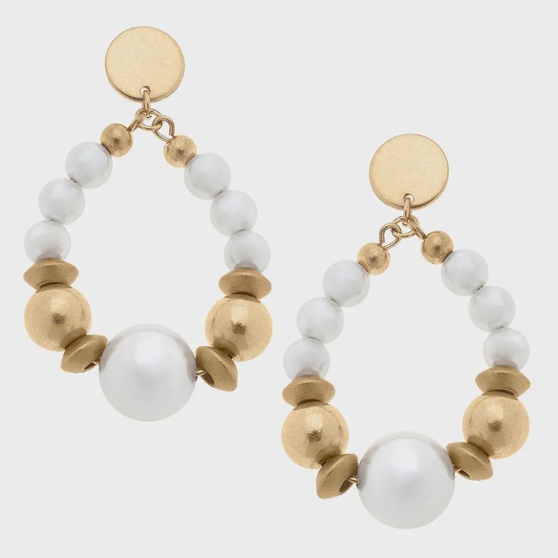 Canvas Moira Pearl, Wood &amp; Gold Bead Teardrop Earrings in Ivory