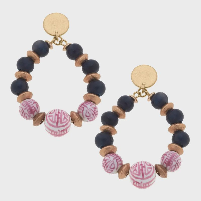 Canvas Tansy Pink &amp; White Chinoiserie &amp; Painted Wood Teardrop Earrings in Navy