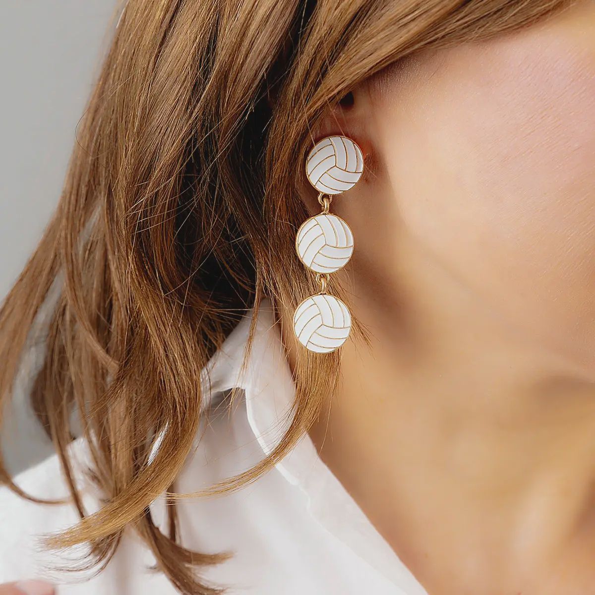 Canvas Volleyball Triple Drop Enamel Earrings in White