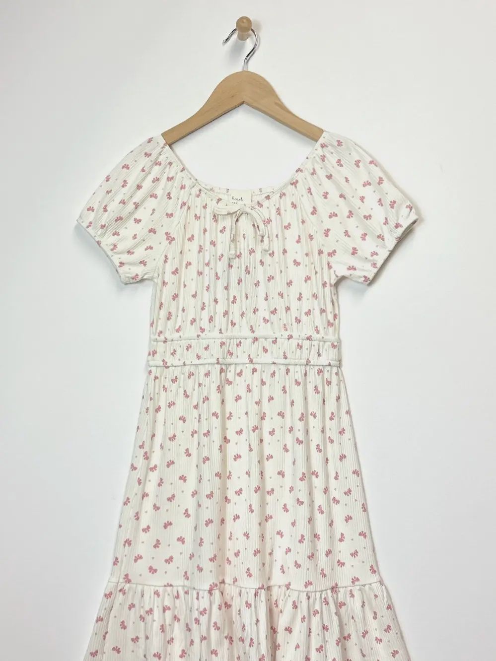 Heart and Arrow Tween Kids Girls Puff Sleeve Smock Waist Tiered Dress- White/Bow Pattern