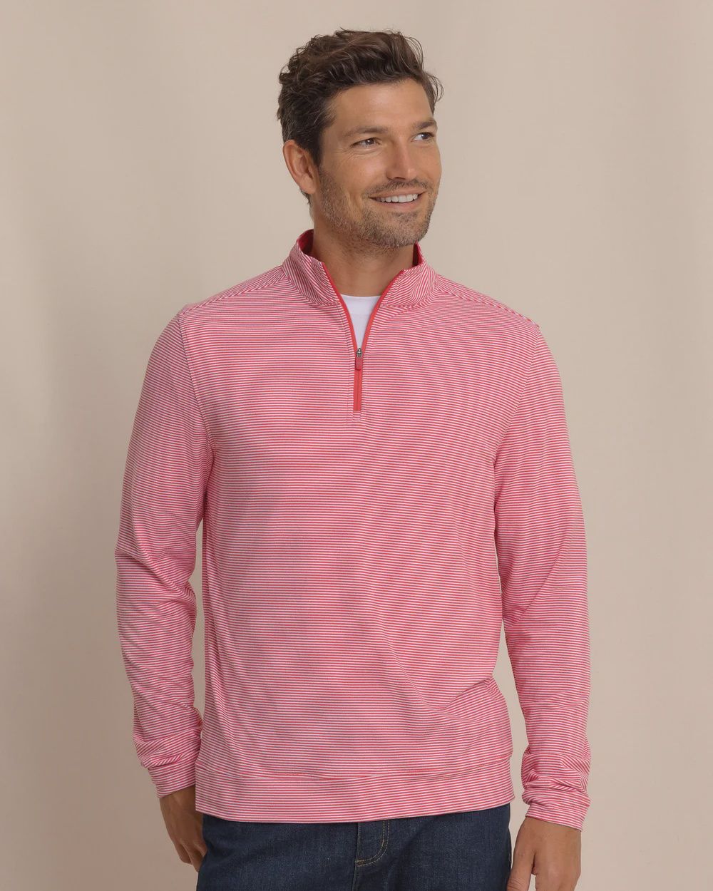 Southern Tide Cruiser Micro-Stripe Heather Quarter Zip-  Heather Varsity Red