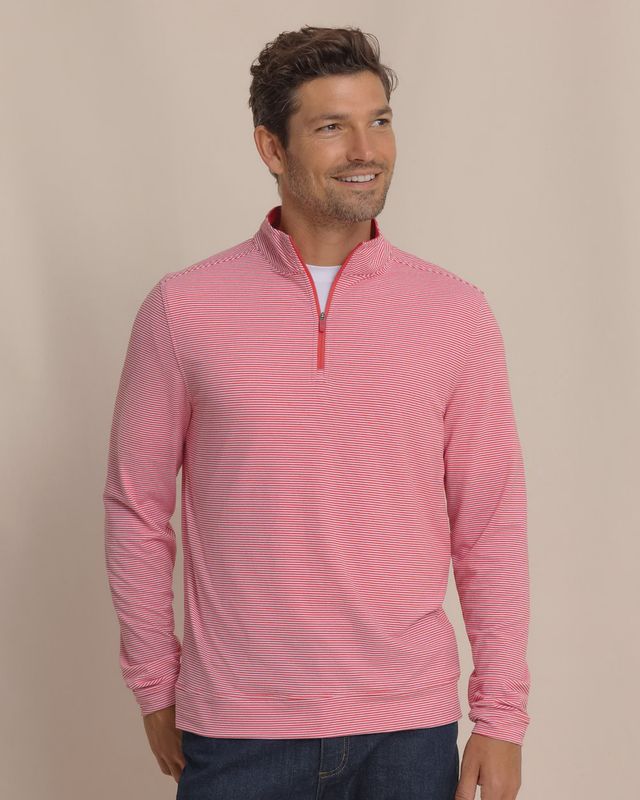 Southern Tide Cruiser Micro-Stripe Heather Quarter Zip-  Heather Varsity Red
