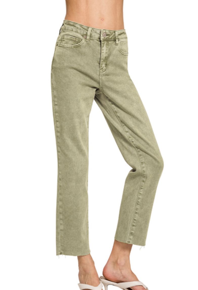 Zenana Lt. Olive Acid Washed Straight Pants
