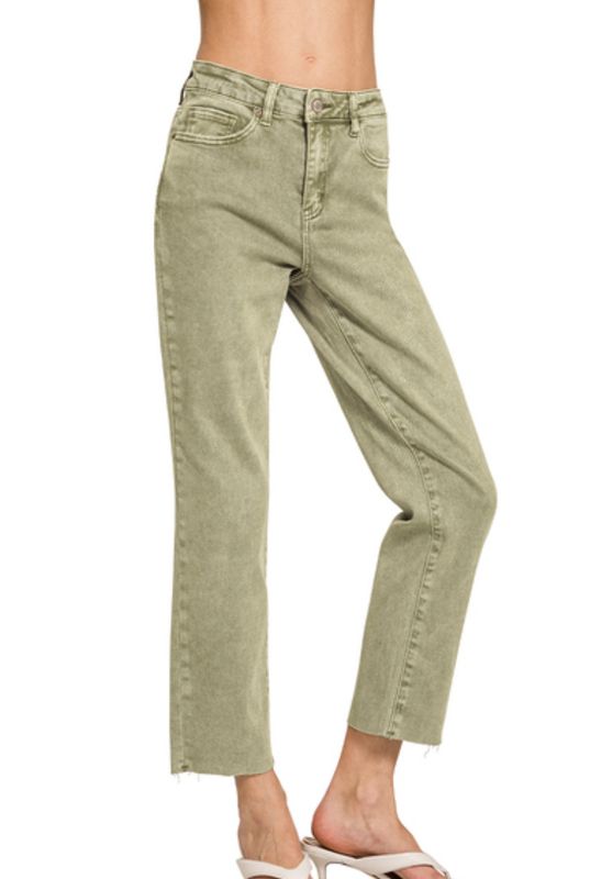 Zenana Lt. Olive Acid Washed Straight Pants