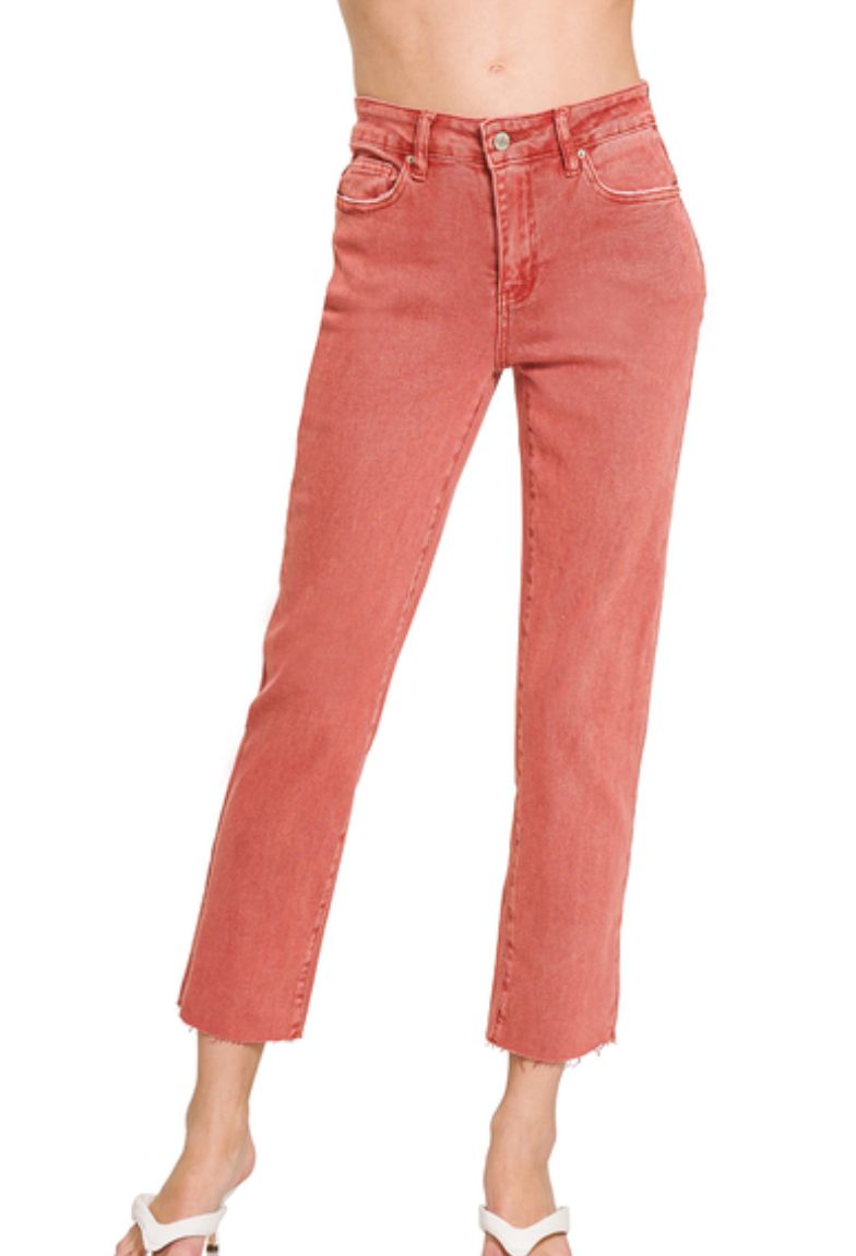 Zenana Cabernet Acid Washed Straight Pants