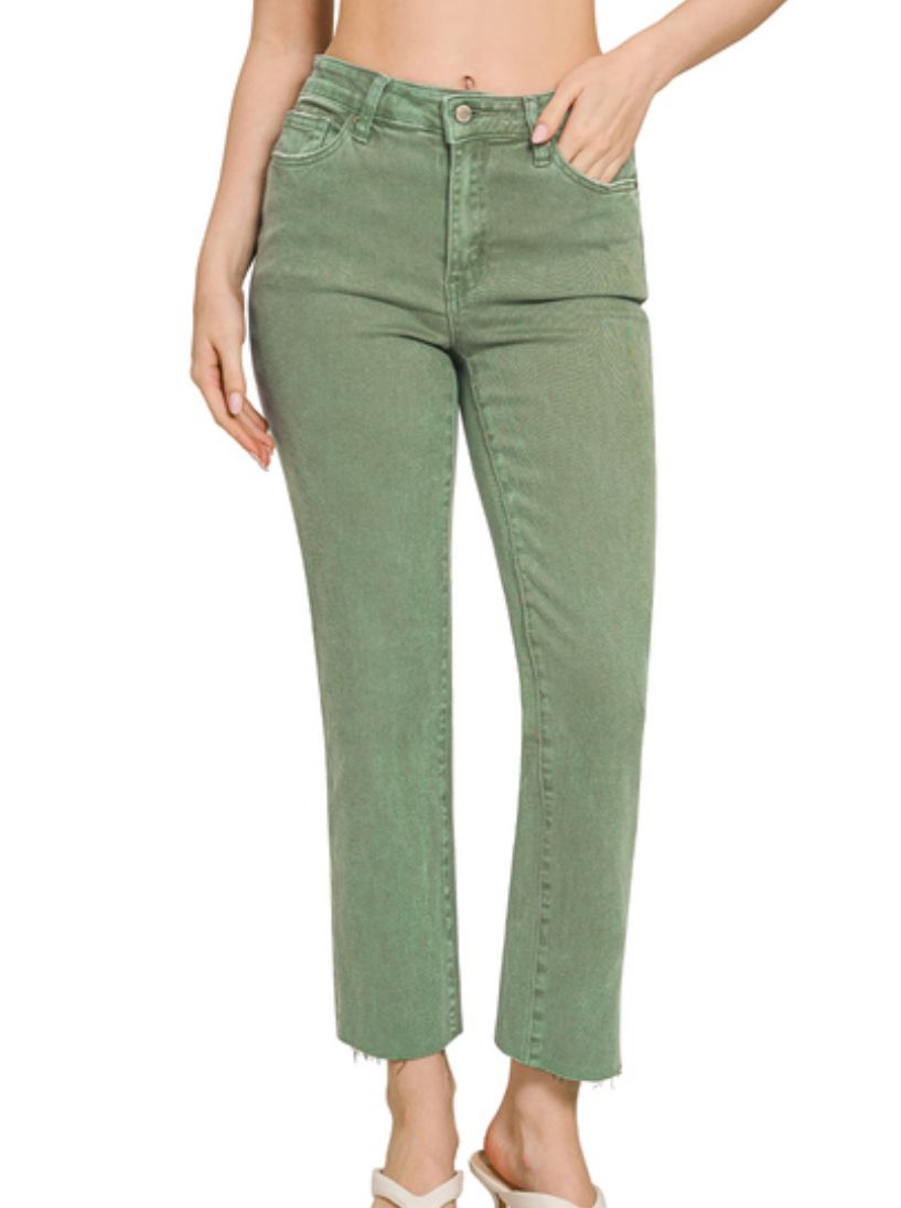 Zenana Olive Acid Washed Straight Pants