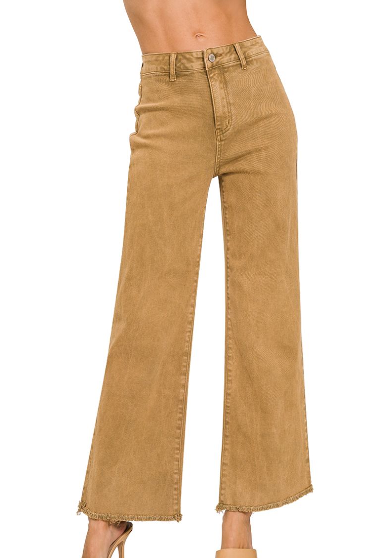 Zenana Deep Camel Acid Washed Frayed Cutoff Hem Straight Wide Pants