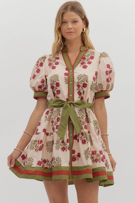 Entro Floral Pattern Puff Sleeve Mini Dress- Ecru