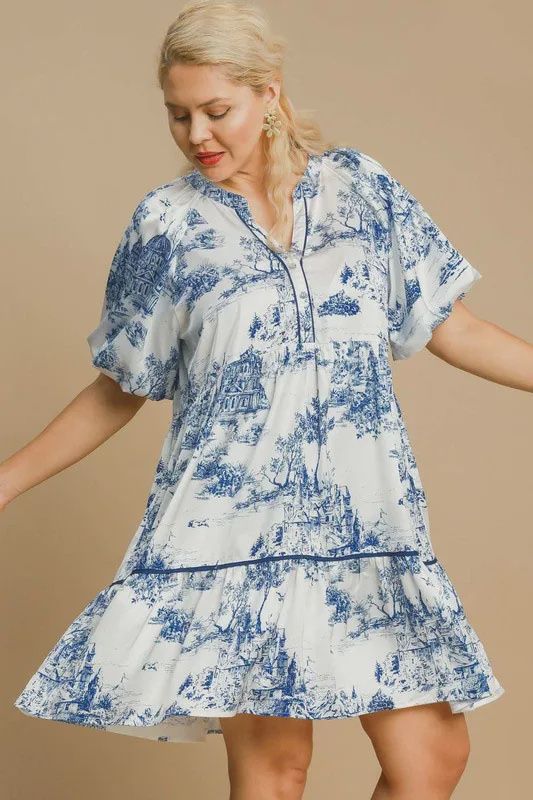 Umgee Dark Blue Two Tone Landscape Print Dress
