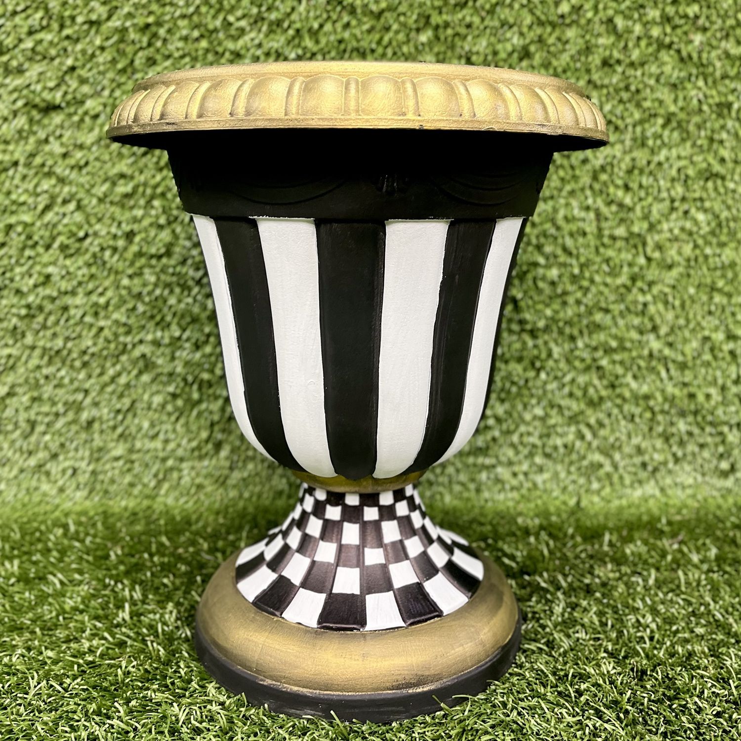 Hand Painted Plastic Planter - Black/White/Gold