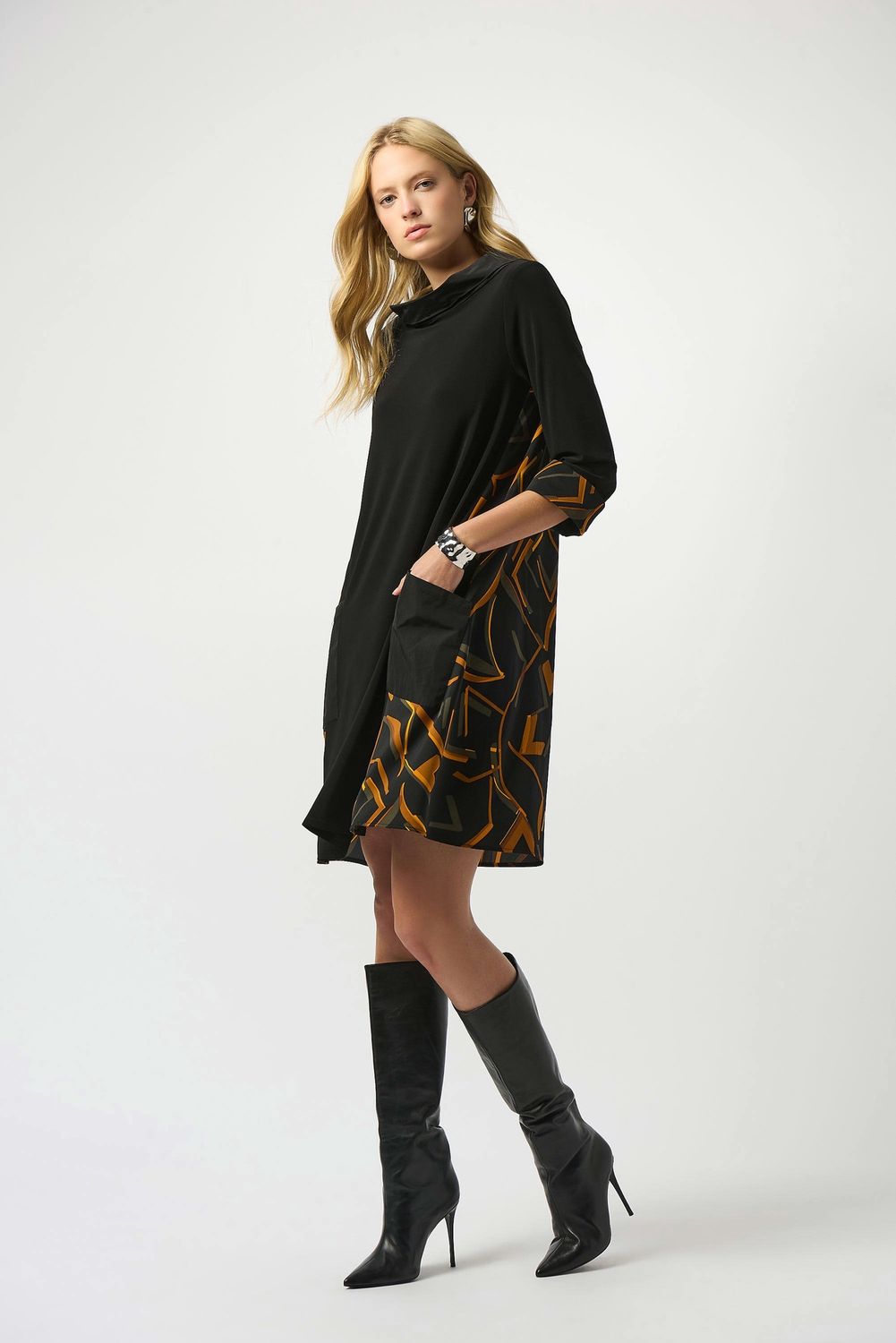 Joseph Ribkoff Woven Abstract Print And Silky Knit Dress- Black/Multi