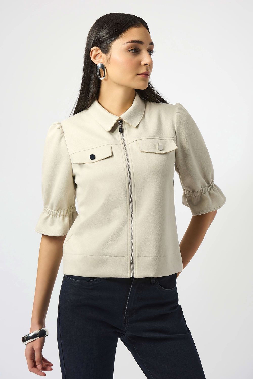 Joseph Ribkoff Scuba Suede Cropped Jacket- Moonstone