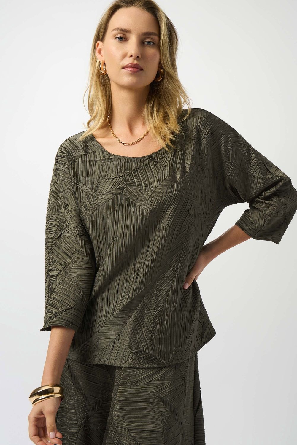 Joseph Ribkoff Pleated Satin Boxy Top- Avocado