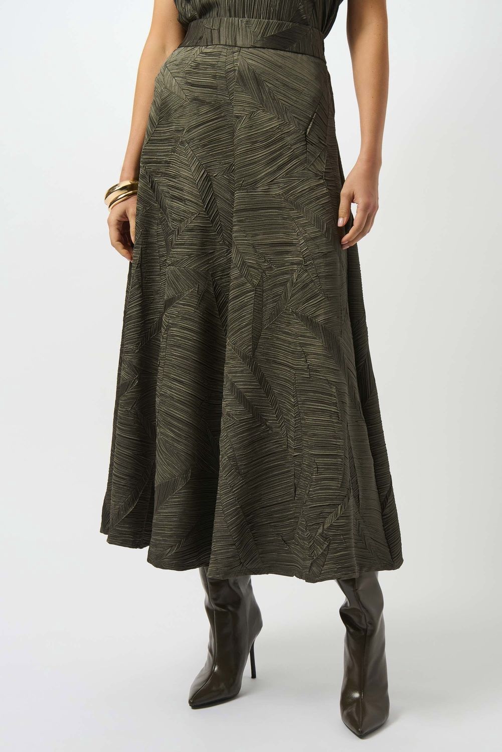 Joseph Ribkoff Pleated Satin Long Flared Skirt- Avocado