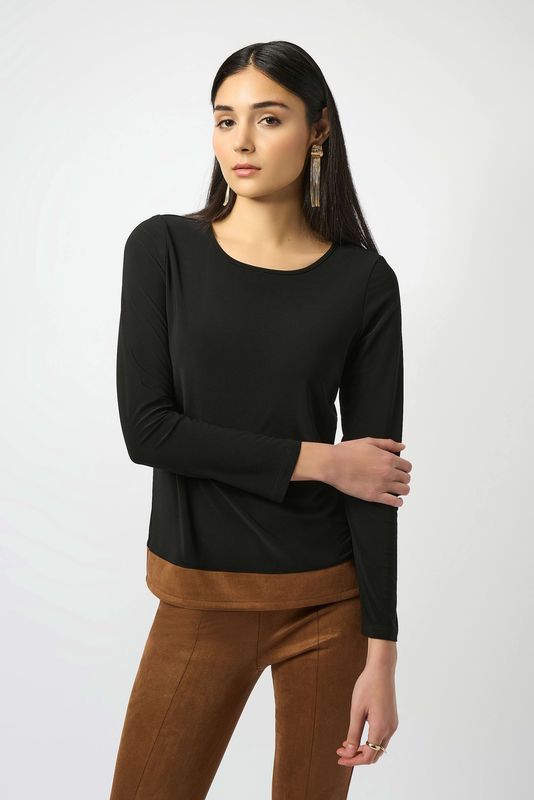 Joseph Ribkoff Silky Knit &amp; Suede Colour-Block Straight Top- Black/Brown