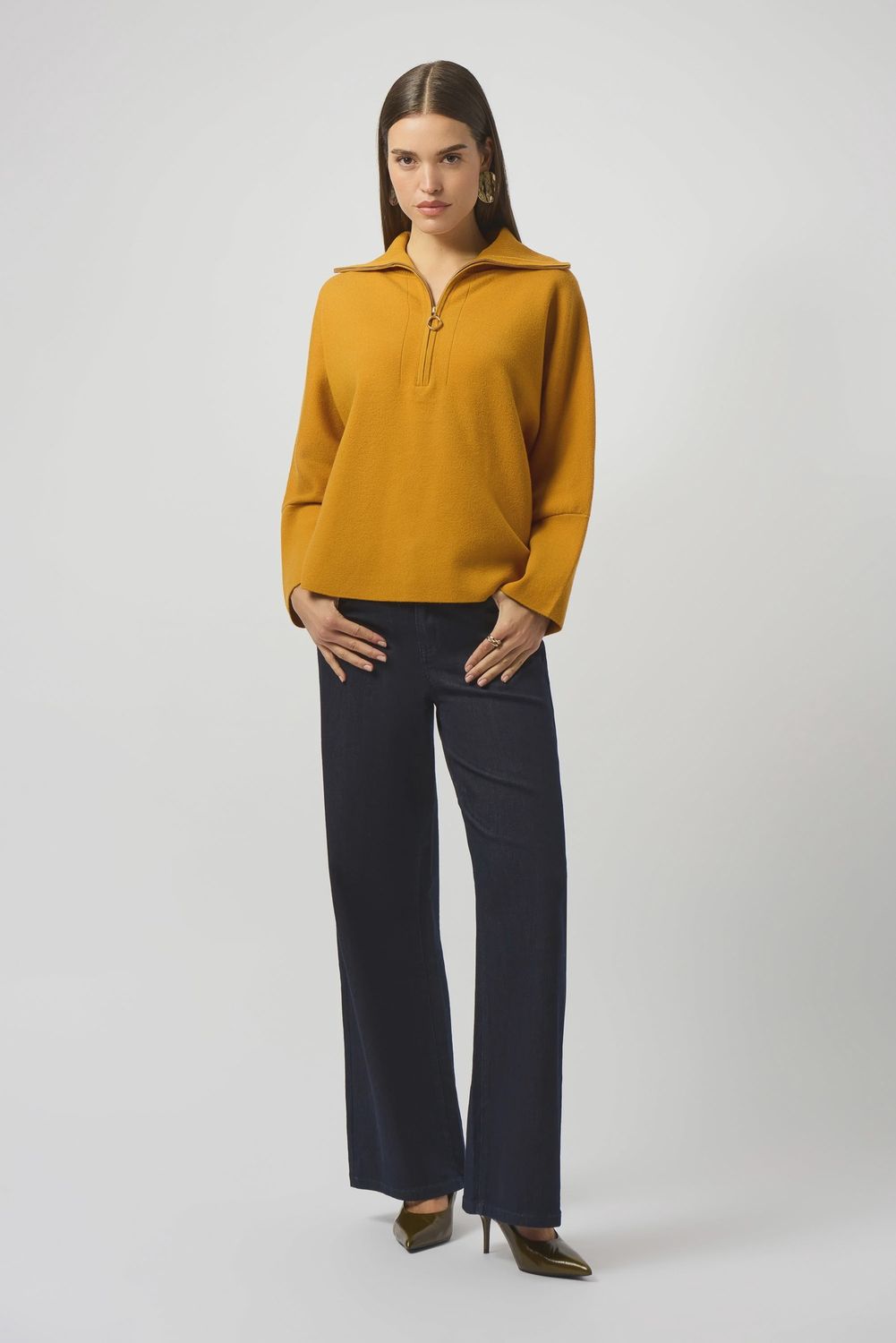 Joseph Ribkoff Sweater Knit Boxy Pullover With Zipped Collar- Medallion