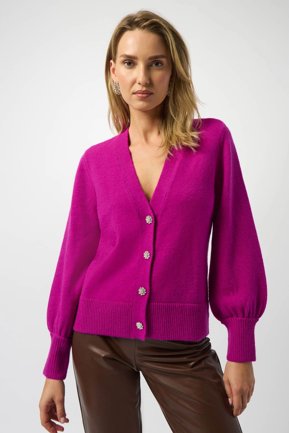 Joseph Ribkoff Sweater Knit Cardigan with Puff Sleeves- Cosmos