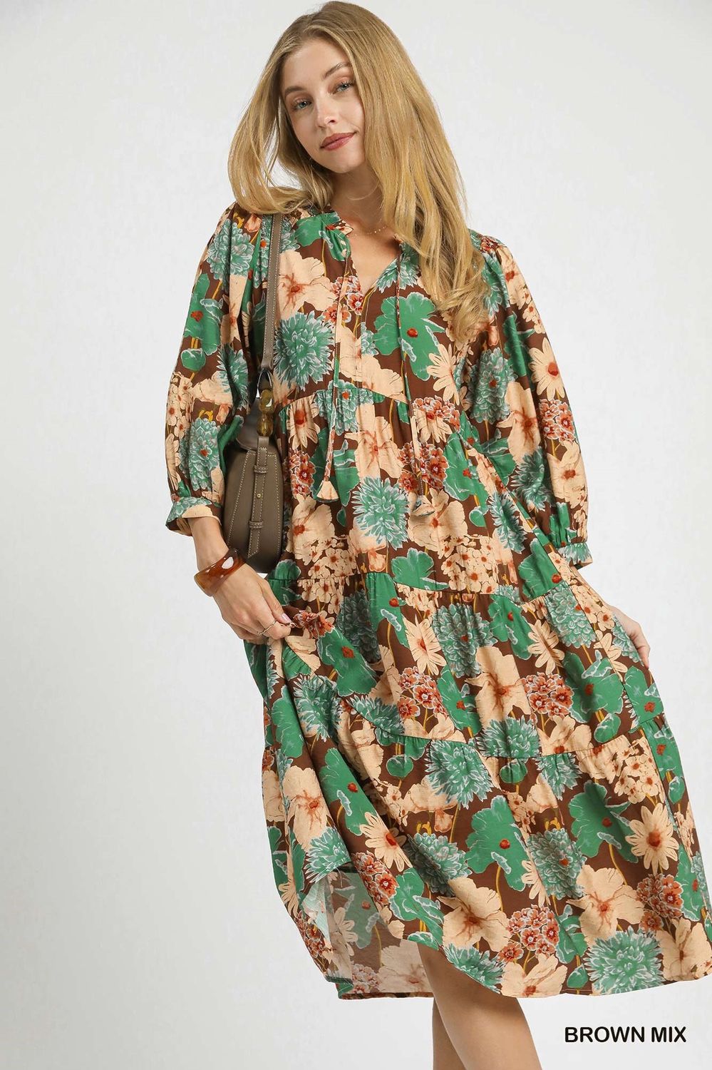 Umgee Brown Mix Tiered Floral Midi Dress with Tie Neck