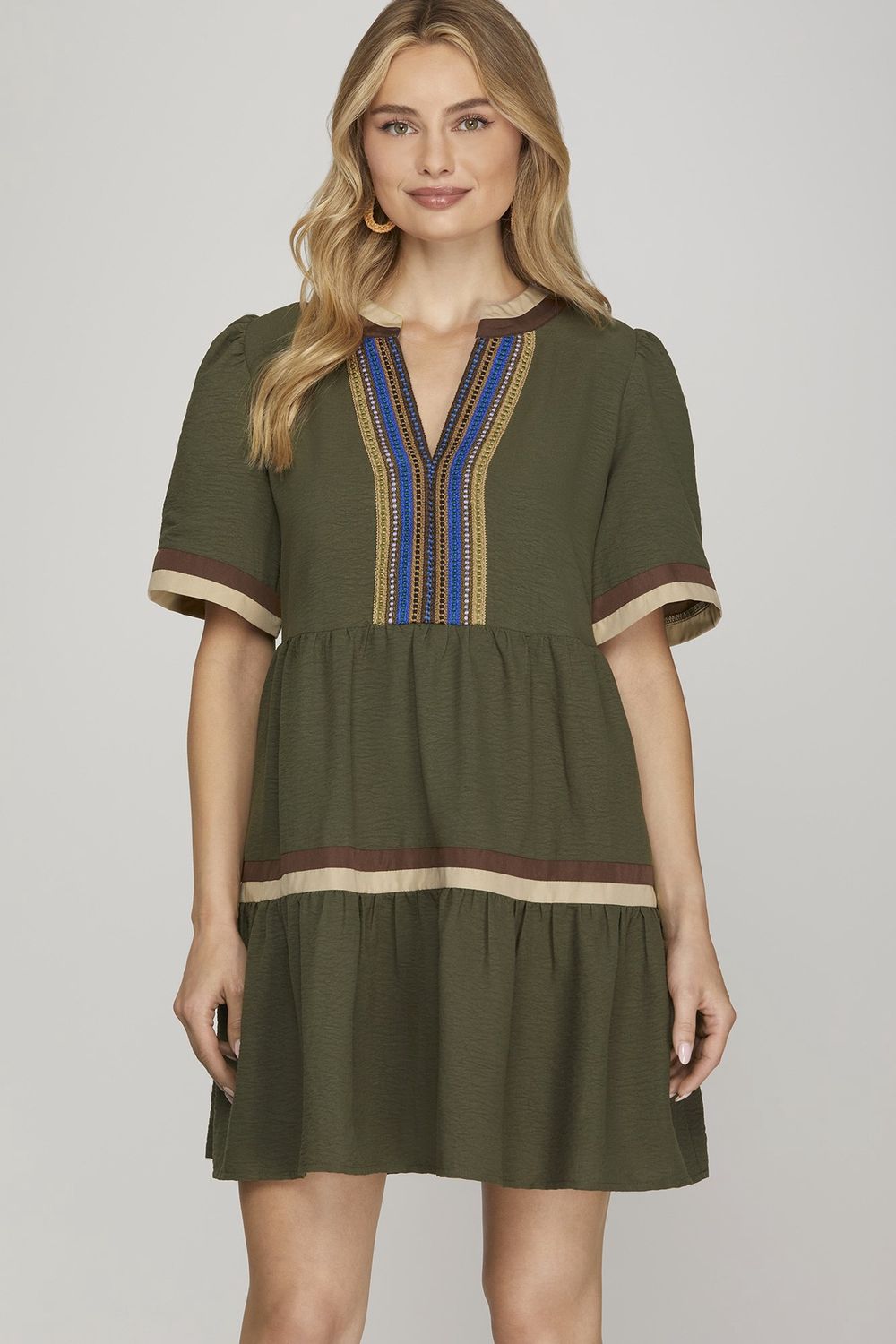 She + Sky Olive Half Sleeve V-Neck Woven Tiered Dress
