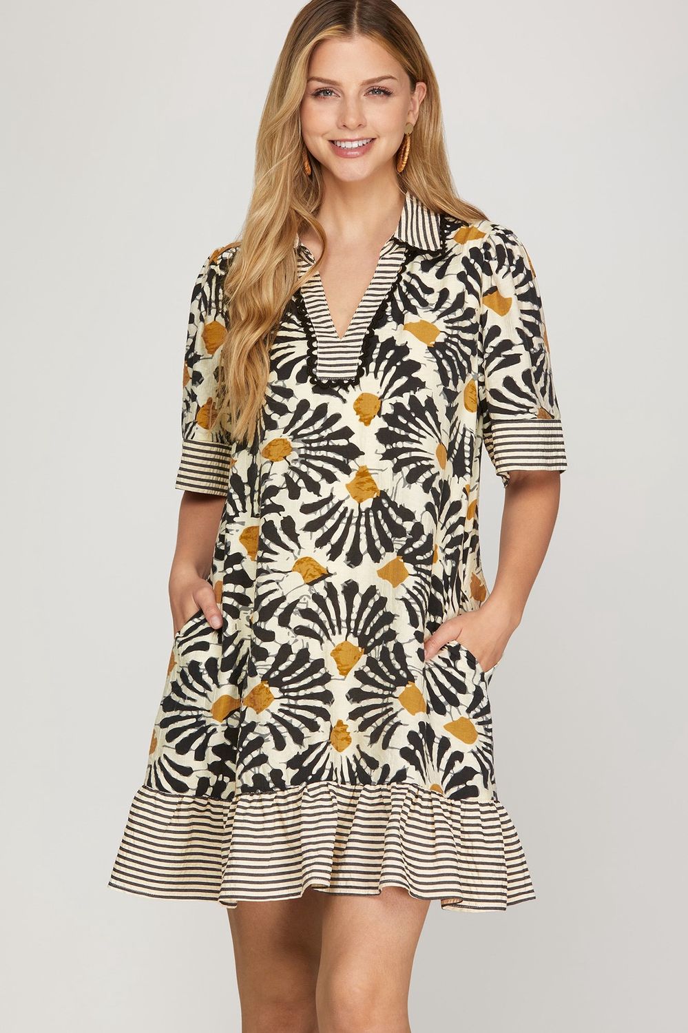 She + Sky Black Half Sleeve Woven Print Collared V-Neck Mini Dress