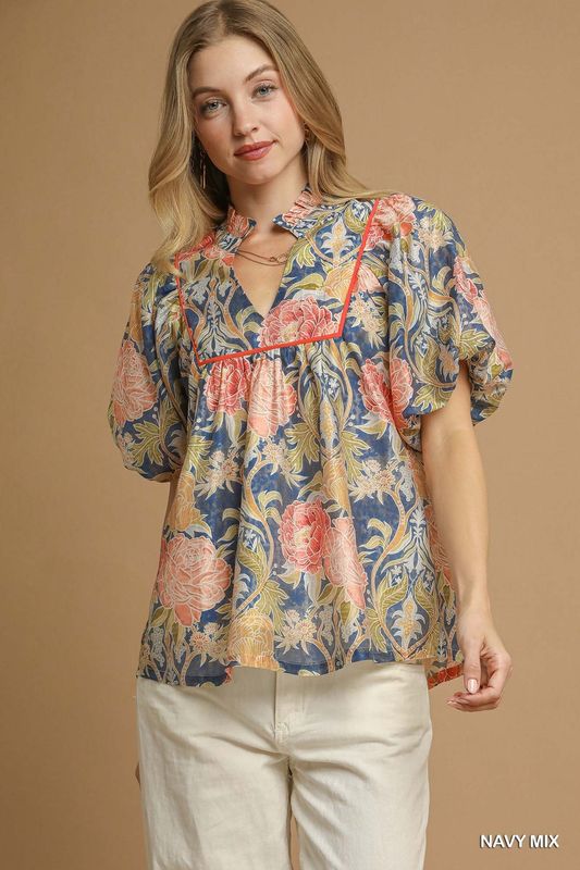 Umgee Navy Mix Floral Puff Sleeve Peasant Blouse