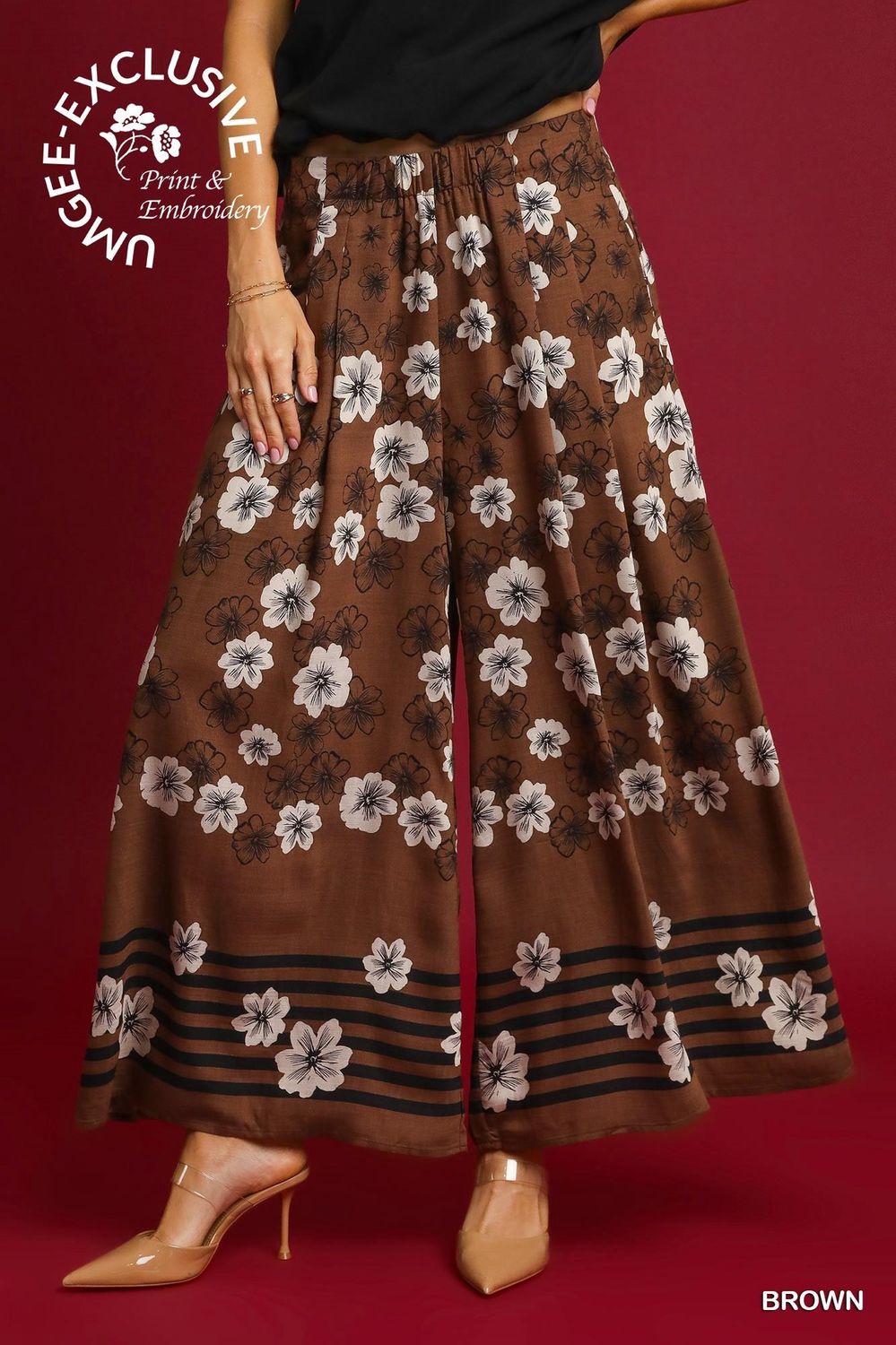 Umgee Brown Floral Wide-Leg Pants