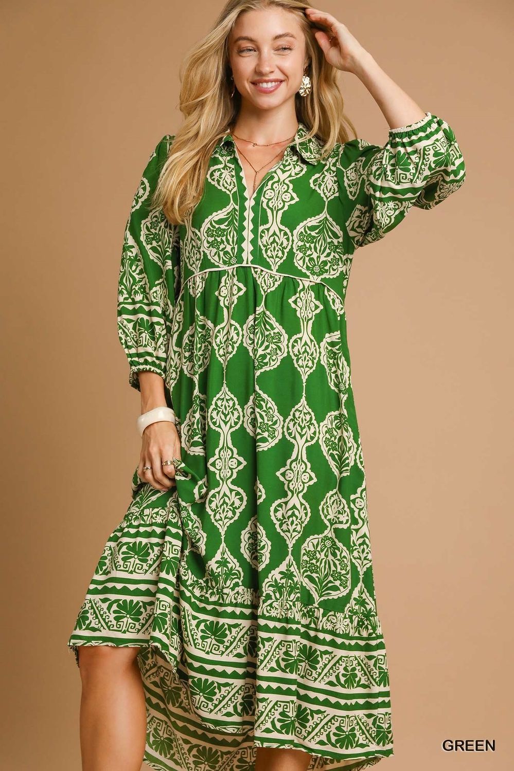 Umgee Green Mix Boarder Print Midi Dress with 3/4 Sleeves