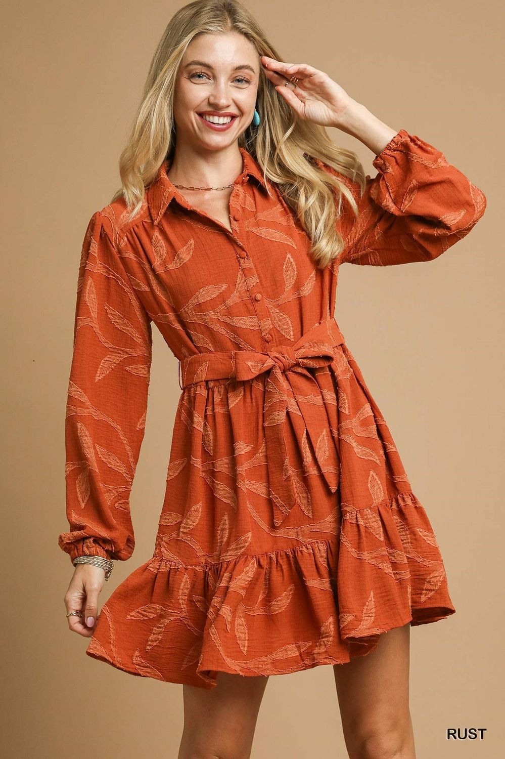Umgee Rust Jacquard Dress with Tie Waist