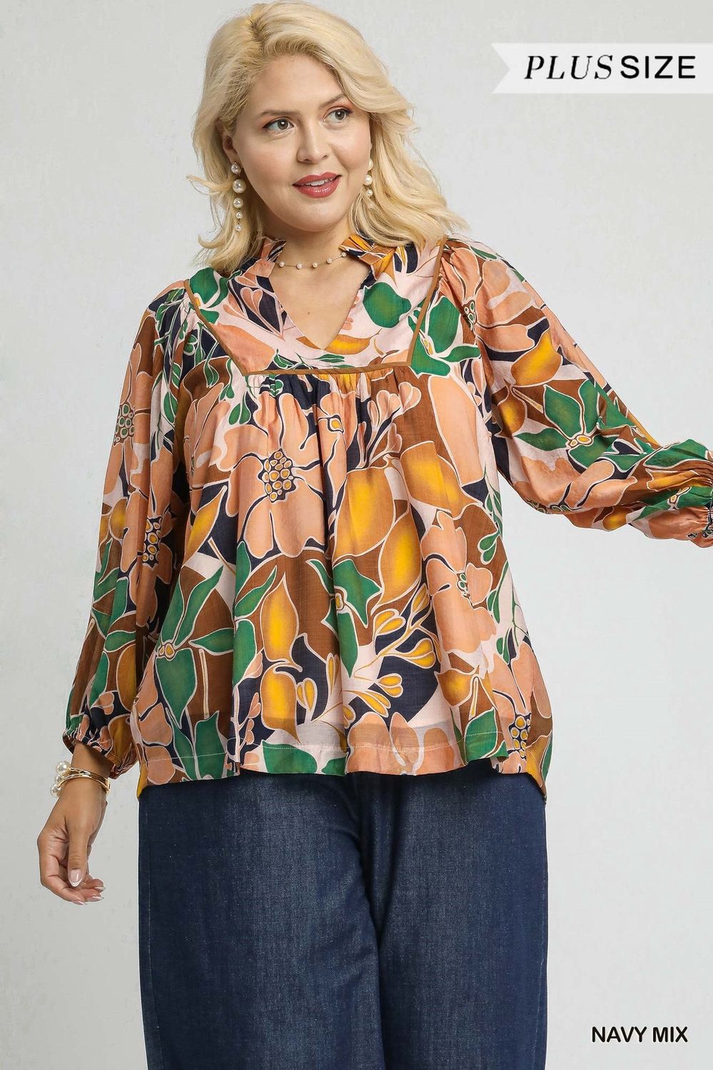 Umgee Plus Size Navy Mix Multicolor Abstract Floral Print Blouse with Ruffle Neck