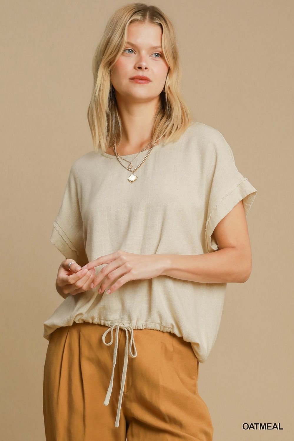 Umgee Oatmeal Drawstring Linen Blend Top