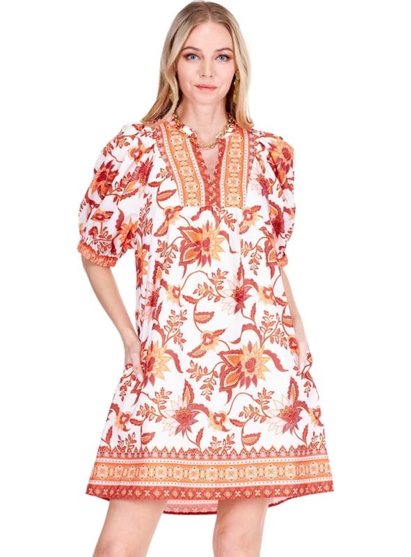 Joy Joy Floral Border Front Yoke Dress