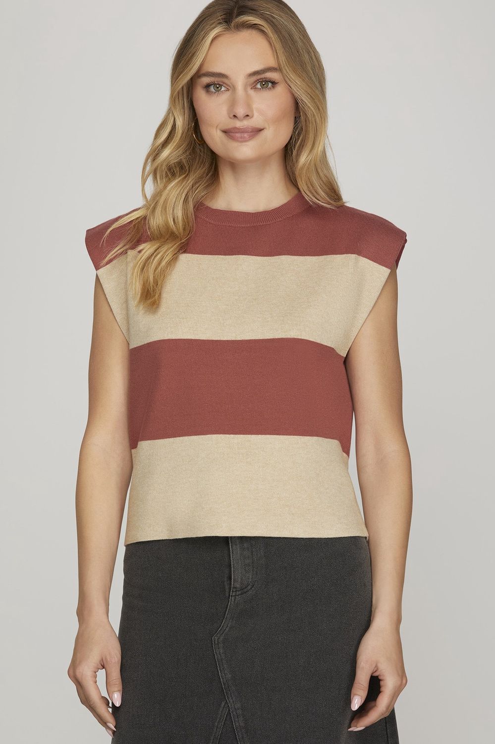 She + Sky Dusty Coral Round Neck Sleeveless Striped Sweater