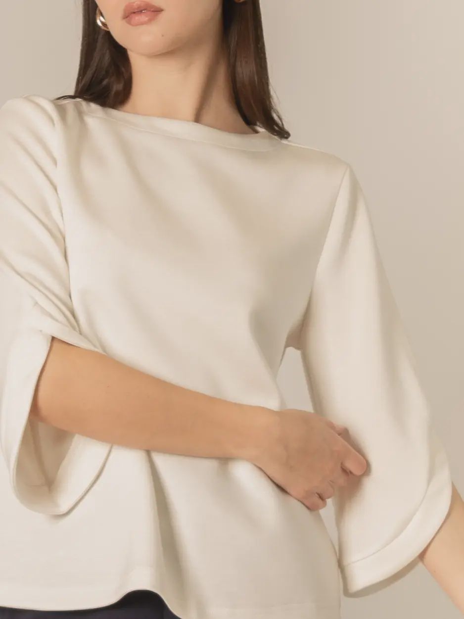 P. Cill Ivory Butter Modal Flare 3/4 Sleeve Round Neck Top