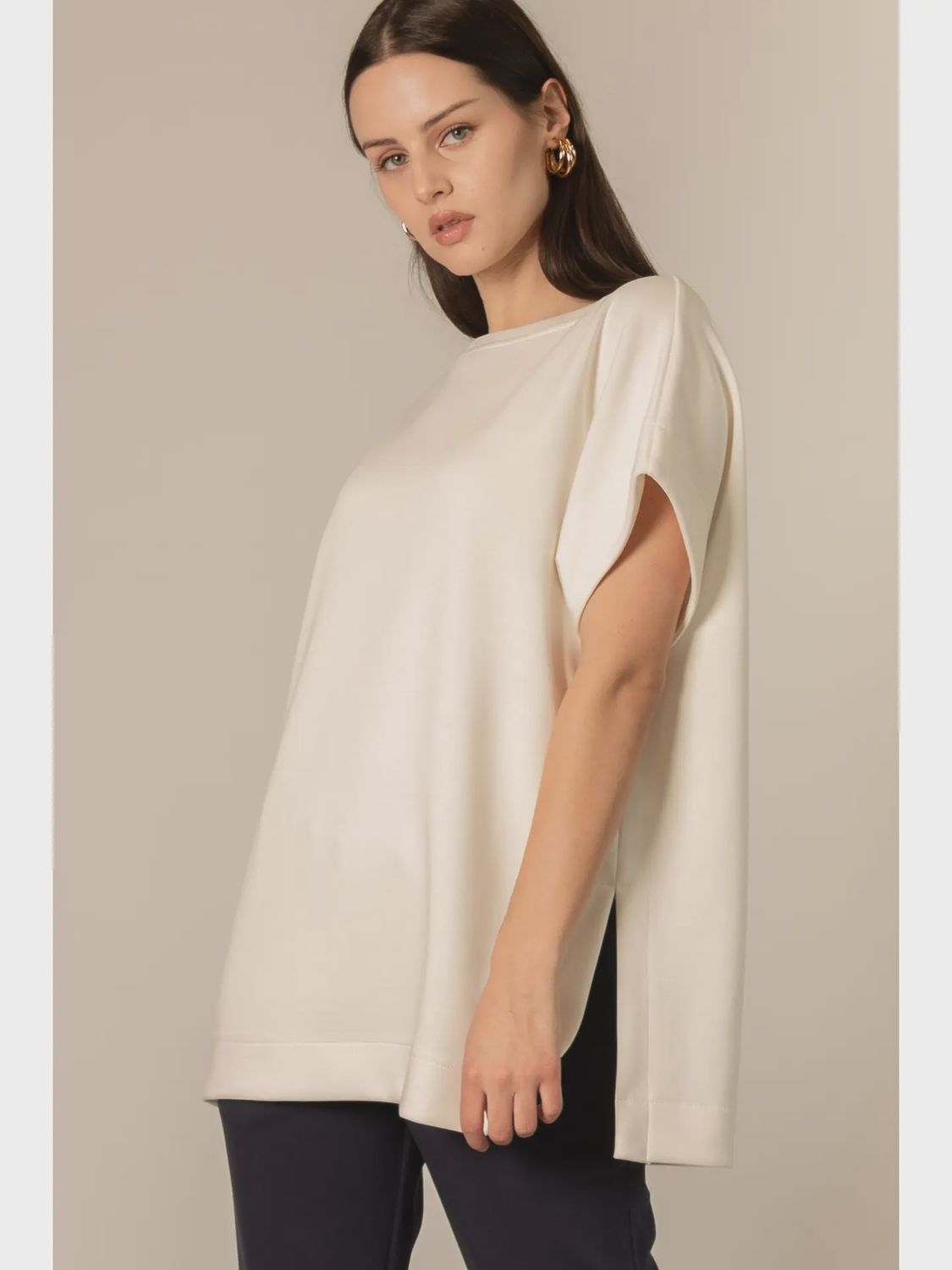 P. Cill Ivory Butter Modal Contrast Rib Short Sleeve Tunic Top