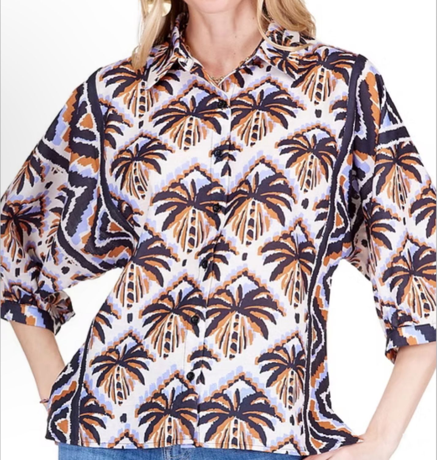 Joy Joy Diamond Palm Contrast Print Blouse