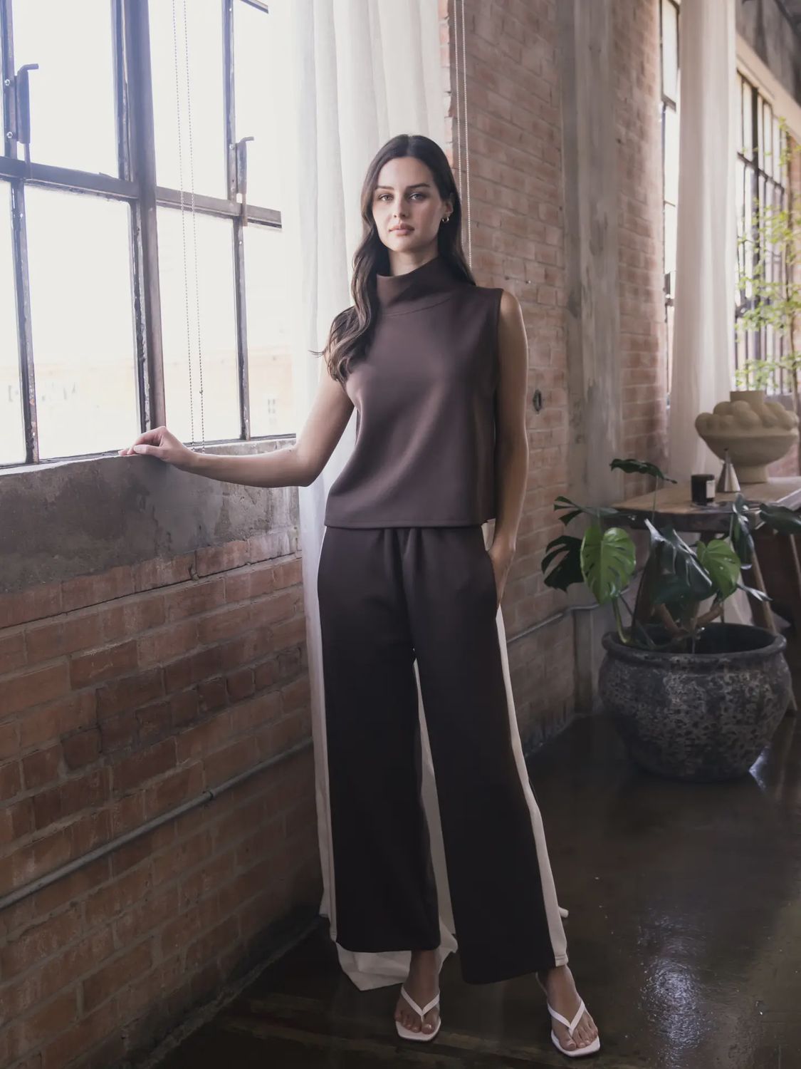 P. Cill Butter Modal Side Stripe Wide Leg Pants- Cocoa