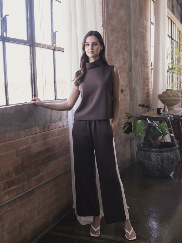 P. Cill Butter Modal Side Stripe Wide Leg Pants- Cocoa
