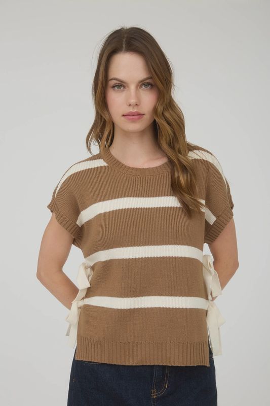 Blu Pepper  Stripe Side Tie Short Sleeve Knit Sweater- Light Brown