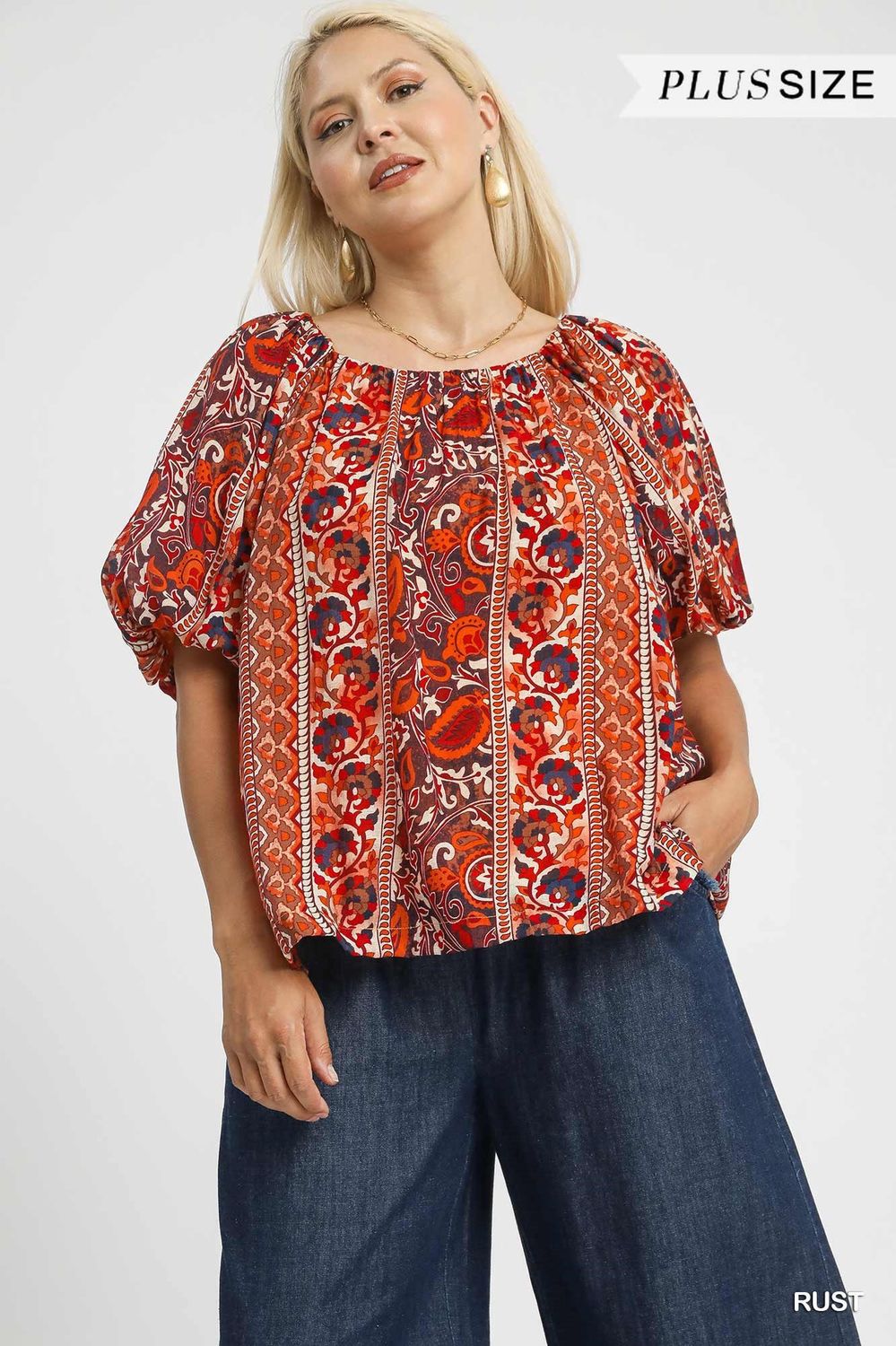Umgee Plus Size Rust Boho Floral Stripe Puff Sleeve Blouse