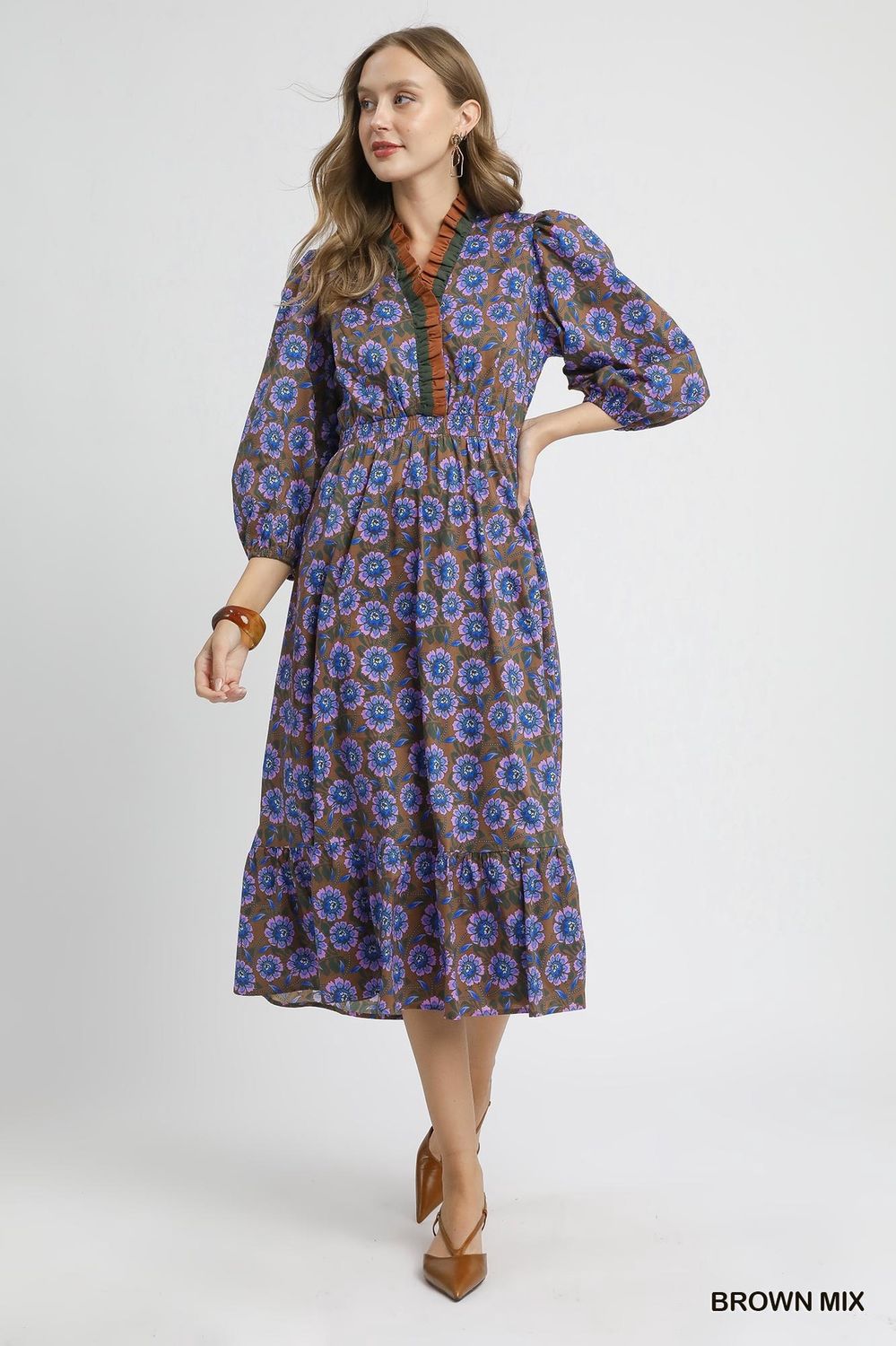 Umgee Brown Mix Mix Floral Ruffle Midi Dress