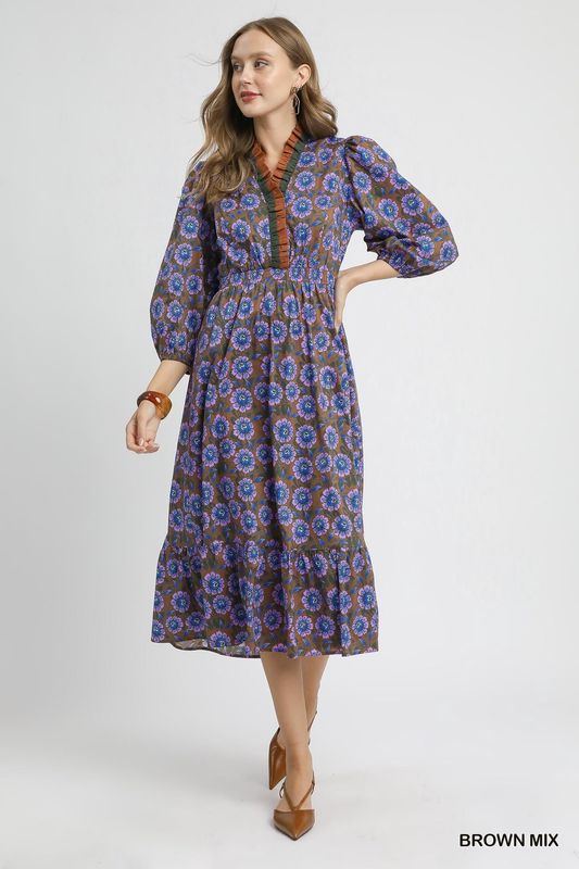 Umgee Brown Mix Mix Floral Ruffle Midi Dress