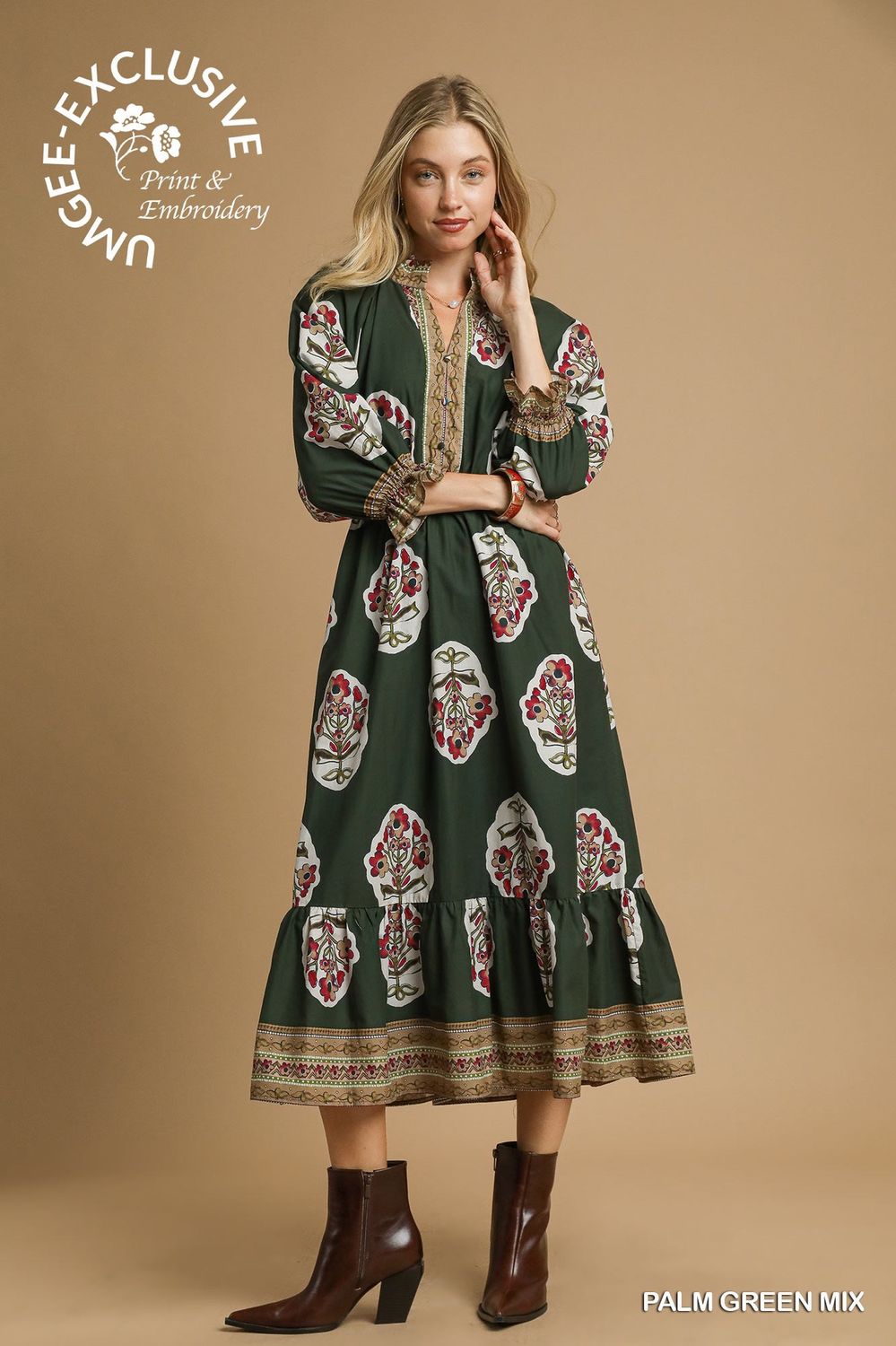 Umgee Palm Green Mix Flower Patch Boarder Print V-Neck Midi Dress