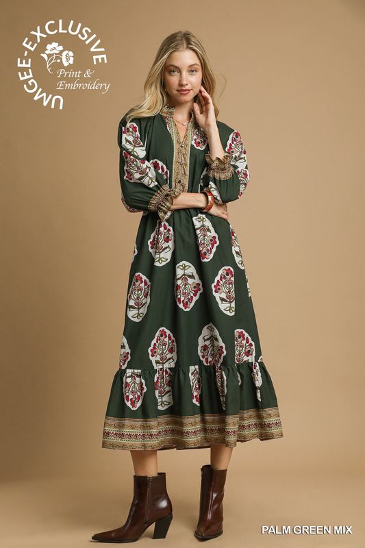 Umgee Palm Green Mix Flower Patch Boarder Print V-Neck Midi Dress