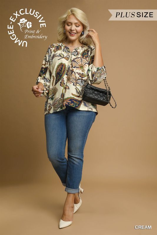 Umgee Cream Plus Size Mix Boho Paisley Puff Sleeve Blouse